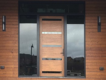 Modern fiberglass door with flush mount clear glass and clear sidelites - wide view