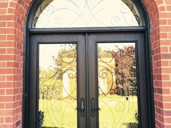 Double door with transom wrought iron glass