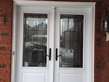 Forhomes white exterior steel doors with custom glass oakville